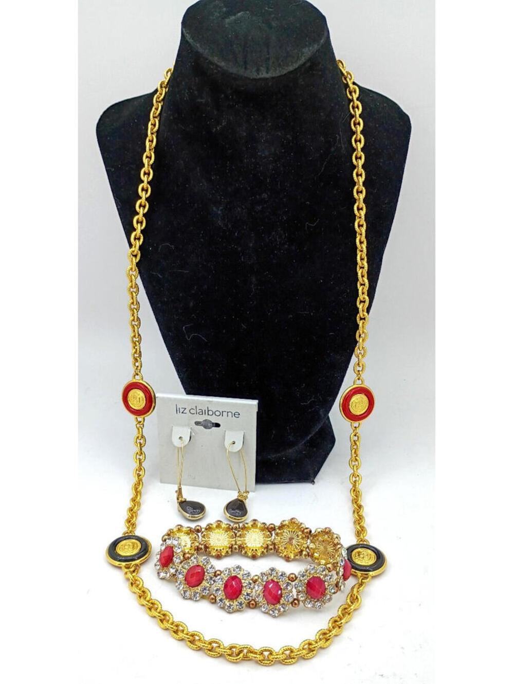 Fashion Jewelry Gold Tone Necklace Liz Claiborne 14K Black Earrings Red Bracelet